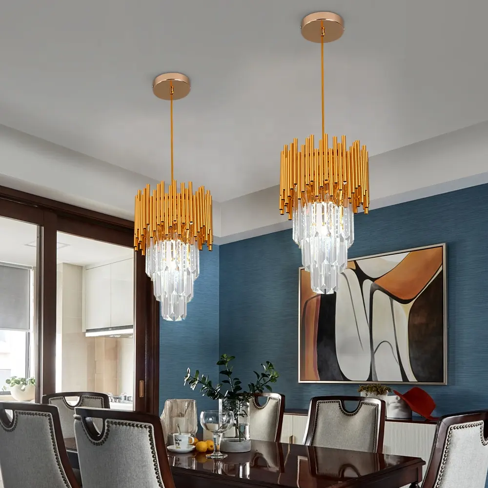 Luminária de cristal para ilha de cozinha, pingente dourado para teto e apartamento