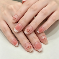 Faux Ongles Roses Press-On Courts Carrés avec French Manucure Blanche et Motifs Floraux – Vente en Gros, Marque Privée, Ongles Artificiels