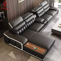 Canapé d'angle modulable en cuir véritable et bois, design nordique de luxe léger, pour salon