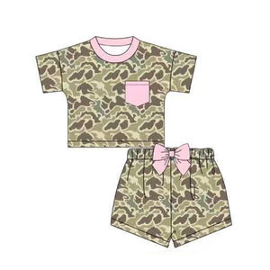 Conjunto de Ropa para Niña Pequeña con Estampado de Camuflaje Informal de Boutique RTS, Camiseta y Pantalones Cortos Transpirables con Lazos para Primavera y Otoño - Product Image 3
