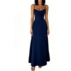 Vestido maxi de tirantes finos con fruncido en el busto y lazo frontal para mujer, vestidos de noche, moda femenina - Product Image 2