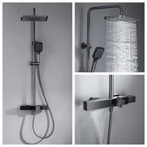 Ensemble de douche Gun Metal Gris Laiton Sortie d'eau cascade et système de douche pluie à double bouton avec <span class=keywords><strong>barre</strong></span> coulissante réglable - Product Image 2