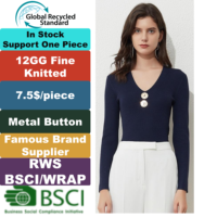 Pull en tricot fin pour femme, décontracté, pour l'automne, avec col en V et bouton rond doré