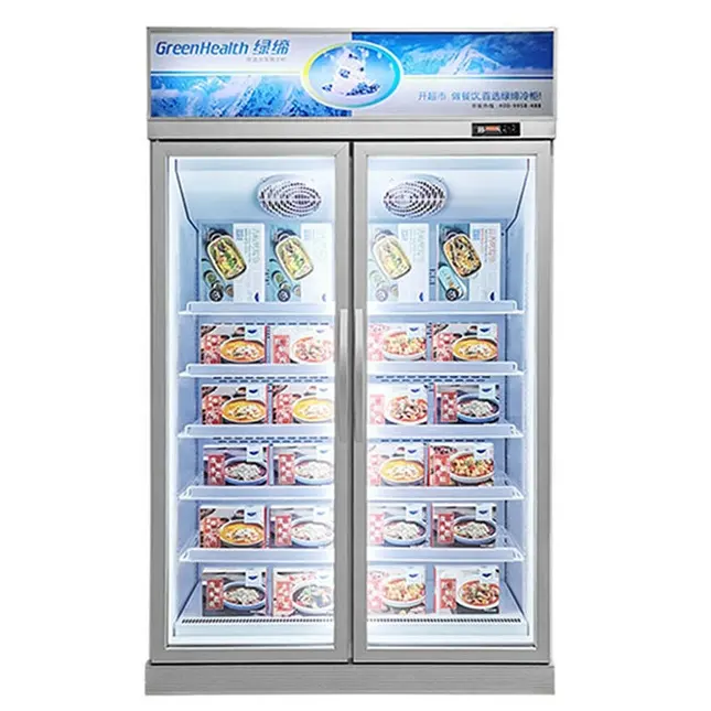 Congeladores de exhibición vertical para supermercado, puertas dobles, comercial, fábrica, proveedor