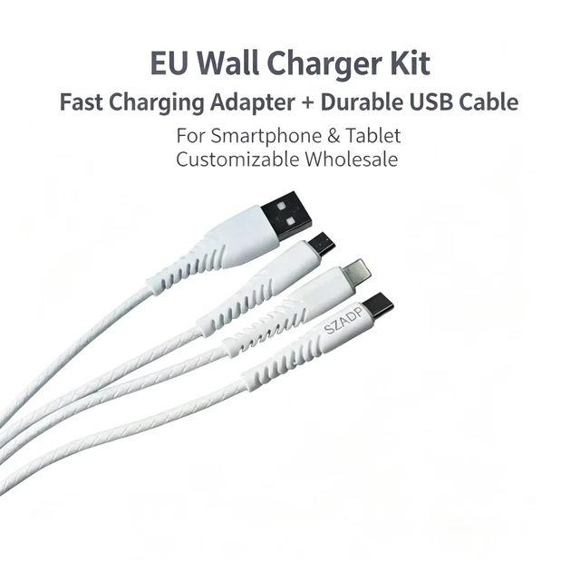 Factory wholesale durable USB Data Cable EU Plug Wall Charger Adapter Kit for Europe Smartphone Tablet Fast Charge