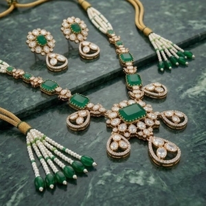 925 Silver Traditional Green Stone Kundan <b>Necklace</b> Set With Earrings Bridal Wedding Jewelry Pearl Mala Set For Women - Product Image 2