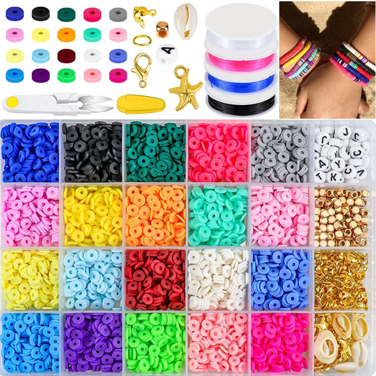 Kit de perles heishi en argile polymère, pièces, 6mm, 20 couleurs, rondes et plates, pour la fabrication de bijoux et bracelets, bricolage, 4000 pièces