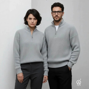 Pull-over col montant minimaliste à double fermeture éclair pour homme, coupe ample et décontractée, style automne, veste en maille haut de gamme - Product Image 2