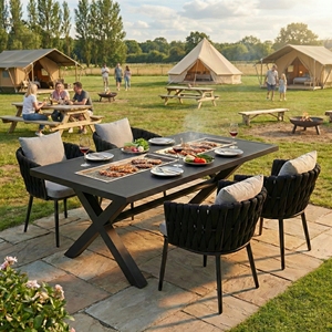 Table de barbecue extérieure en aluminium avec double grille, ensemble table et chaises pour patio, jardin, villa, hôtel – Noir – Vente chaude usine - Product Image 5