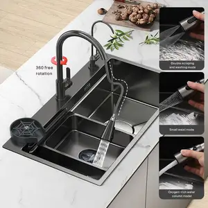 Fregadero de cocina de grifo doble de lujo, fregadero de cocina de montaje doble, diseñador de cuencos de acero inoxidable 304