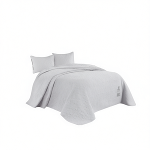 Juego de Cubrecama Reversible DB Blanco, Tamaño Individual, Poliéster, Diseño a Cuadros con Bordado Floral para el Hogar - Product Image 1