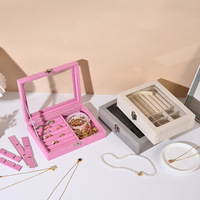 Boîte à bijoux de voyage en velours rose et bleu, avec fenêtre en verre pour l'affichage des bijoux, vente en gros