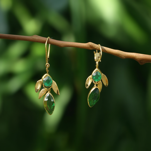Fashion Drop <b>Earrings</b> <b>Gold</b> Plated 316L Stainless Steel Green Gemstone Leaf Design <b>Dangle</b> <b>Earrings</b> - Product Image 3