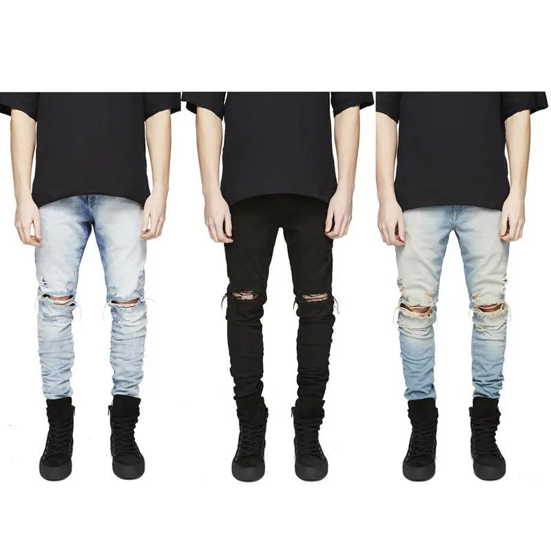 High street fashion men washed broken hole ripped jeans with five different colors