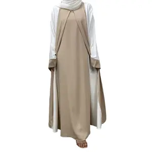 基本风格喇叭袖闭合abaya带口袋穆斯林女性宽松拼接和服伊斯兰服装