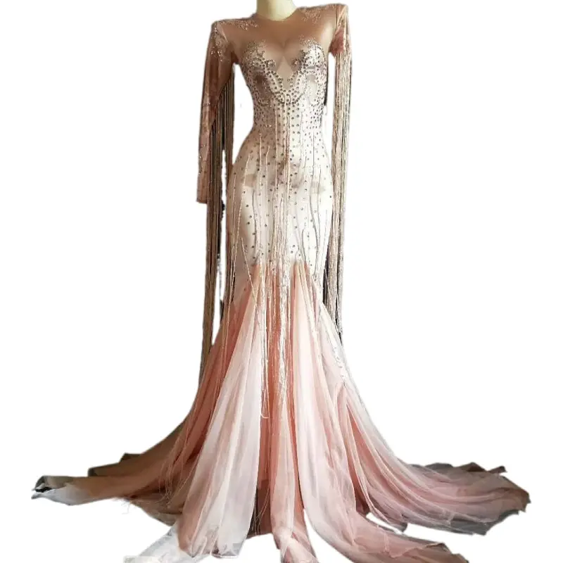 エレガントなピンククリスタルロングタッセルバースデーディナーウエディングトレーリングドレス女性の床の長さマーメイドウェディングパーティードレスイブニングドレス