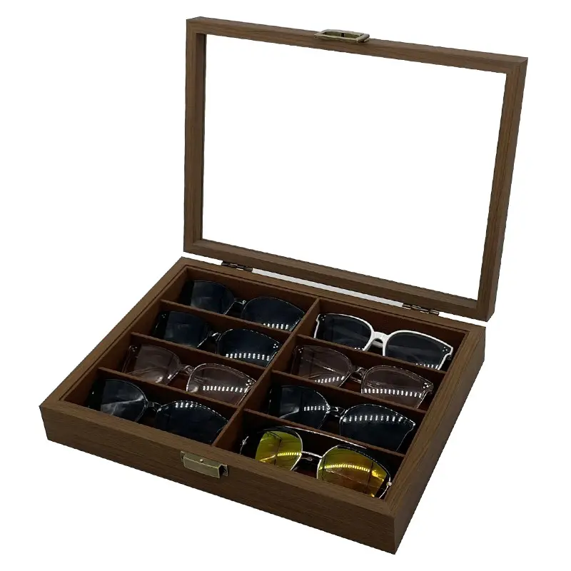 Haute qualité en bois 8 grilles lunettes boîte de rangement lunettes de soleil organisateur de stockage lunettes organisateur boîte à bijoux avec couverture affichage