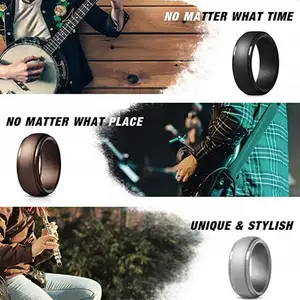 남성용 실리콘 결혼 반지, 4 팩 및 싱글 실리콘 고무 웨딩 밴드-스텝 에지 매끄러운 디자인-메탈릭, 블랙 및 카모