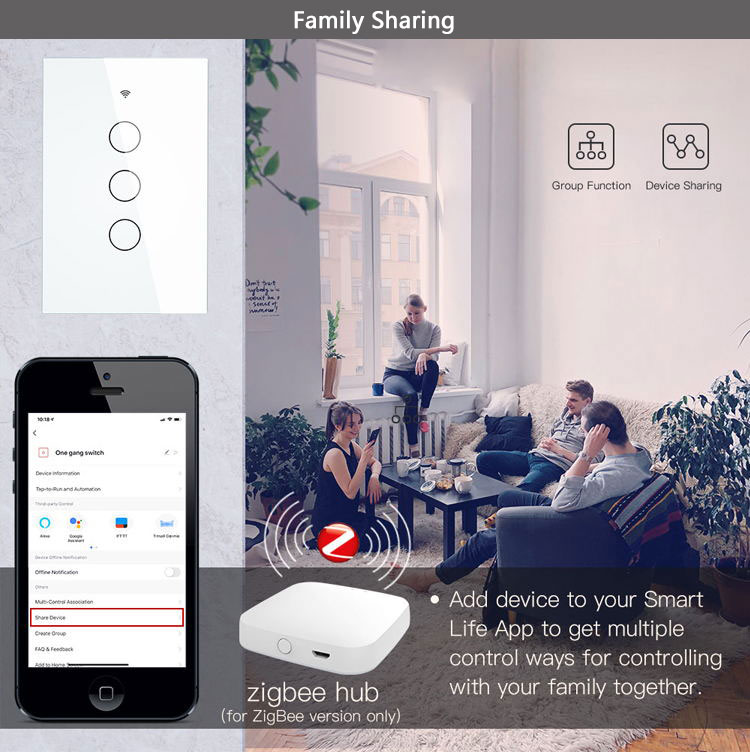 US Standard Wireless Remote Control 4Gang No Neutral Line Zigbee Light Switch Panel With Alexa and Google Home
