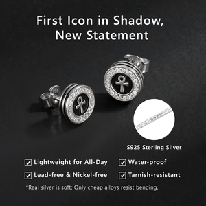 Boucles d'oreilles clous pour homme en argent 925 hypoallergénique, plaqué or blanc, avec zircone cubique et motif œil tout-voyant noir, idéal pour cadeau - Product Image 2