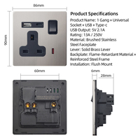 Enchufes e Interruptores de Pared Eléctricos Industriales de Acero Inoxidable Cepillado Estándar Europeo K, 10A, 220V, 86*86, 86*146, con Puertos USB