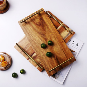 Acacia Wood Serving <b>Tray</b> With Copper Handle For Salad Steak Dessert Breakfast Fruit <b>Tea</b> Coffee Hotel Use - Product Image 2