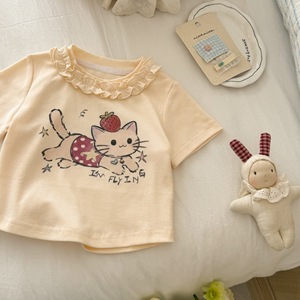 TongXingYuan Girls' Short Sleeve T-Shirt Off-White Cotton Cartoon Print Summer Top For Baby Girls - Product Image 4