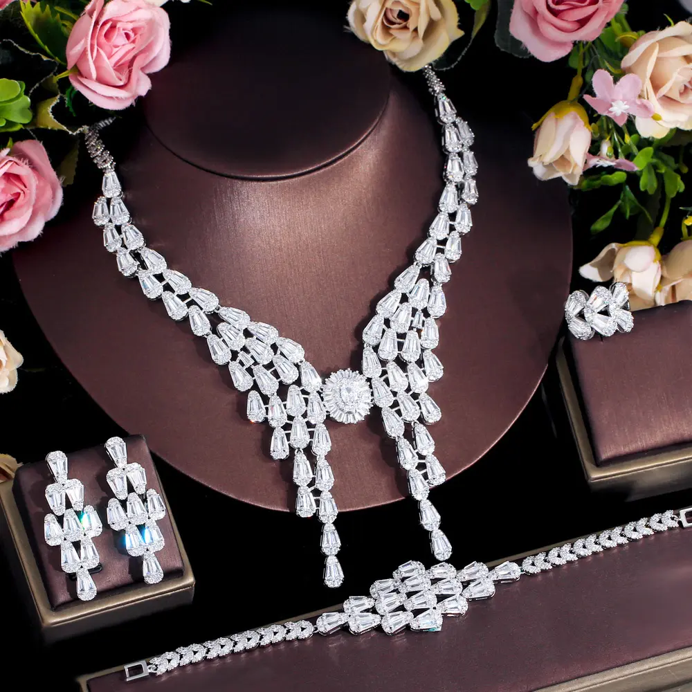 4pcs Luxury Big Bold Statement Chunky CZ Stones Big Tassel Wedding Bridal Necklace Nigerian Dubai Jewelry Sets for African Party