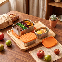 Rechteckige Auslaufsichere Bento-Lunchbox-Set 2+1 Luftdichter Saucenbehälter Edelstahl-Lebensmittelbehälter Mit Silikondeckel 720ml