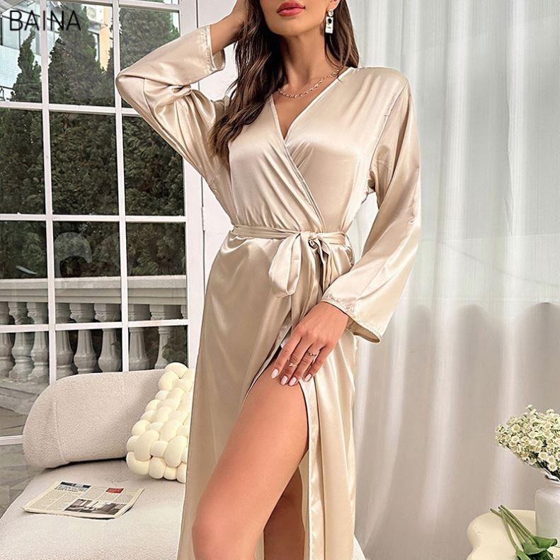 Women Solid Satin Robe Long Sleeve V-Neck Belted Night Dress New