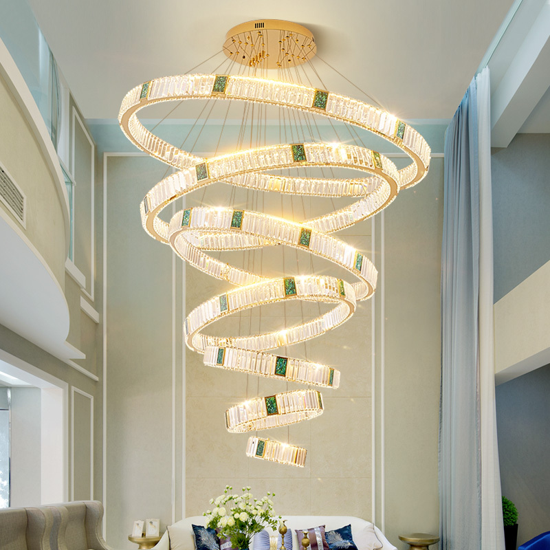 Villa Modern High Ceiling Ring Pendant Light Green Jade Round Ring Hanging Lamp Large Luxury Gold Crystal Custom Chandelier