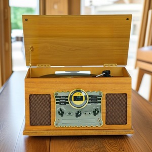 Tourne-disque vintage en bois, directement de l'usine, tout-en-un, compatible vinyle, CD, cassette, radio AM/FM, Bluetooth, haut-parleur intégré - Product Image 2
