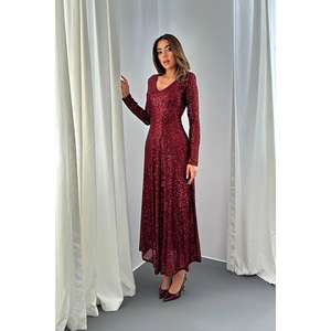 Robe de soirée bordeaux sans dos à sequins, taille empire, longueur ras du sol, manches courtes, à volants, scintillante, taille XS, vente en gros - Product Image 4