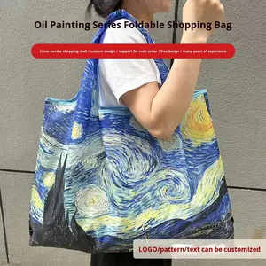Bolsas de Compra Plegables de Lona Ecológicas, Nuevas para 2025, Venta al por Mayor, Serie de Pintura al Óleo, Bolsa de Supermercado con Dibujos Animados - Product Image 4