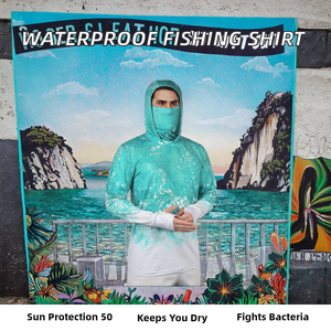 เสื้อฮู้ดตกปลาแขนสั้นผ้าโพลีเอสเตอร์ 100% ทอ ป้องกันน้ำ ป้องกันรังสียูวี ป้องกันการเกิดคราบสกปรก UPF 50+ ป้องกันแบคทีเรีย รุ่นล่าสุด ขายส่ง - Product Image 2