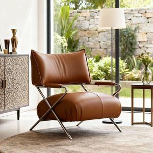เก้าอี้หนังสไตล์เรโทรพร้อมโครงเหล็กสแตนเลสสำหรับห้องนั่งเล่น ห้องนอน ห้องทำงาน เพื่อการพักผ่อน - Product Image 2