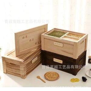 Wooden Grain Storage Box 3 Compartment Solid Paulownia Wood Rice <b>Flour</b> <b>Container</b> Household Kitchen Organizer - Product Image 3