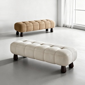 Banco Tapizado Color Crema con Patas de Madera, Banco para el Pie de la Cama, Banco Cómodo para Cambiar Zapatos - Product Image 1