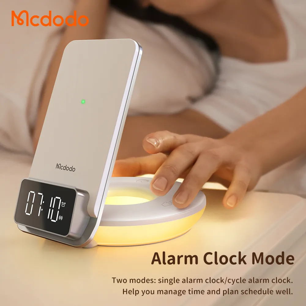 Mcdodo 161 4 In 1 Draadloze Oplader Station Digitale Klok Touch Bed Flexibele Telefoonstandaard Smart 15W Draadloze Oplader Oplaadpad