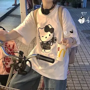 Sanrios kt cat abiti da donna in cotone con stampa divertente e scuro t-shirt a manica corta stile Y2k Top ragazza carina Tee Harajuku