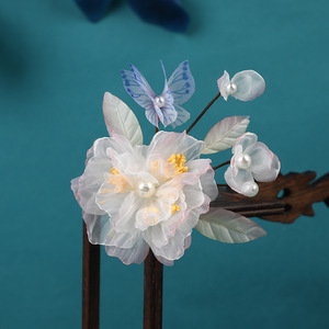 Nuevos accesorios para el cabello de estilo antiguo, pinzas hechas a mano con flores de gasa rosa y mariposas azules, peinado de hada para disfraz antiguo - Product Image 3