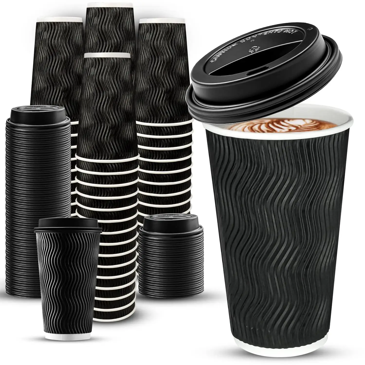 Black 16 oz Disposable Insulated Coffee Cups with Lids, Paper To-Go Coffee Cups for Coffee Bars Hot Chocolate Cocoa Tea Drinks