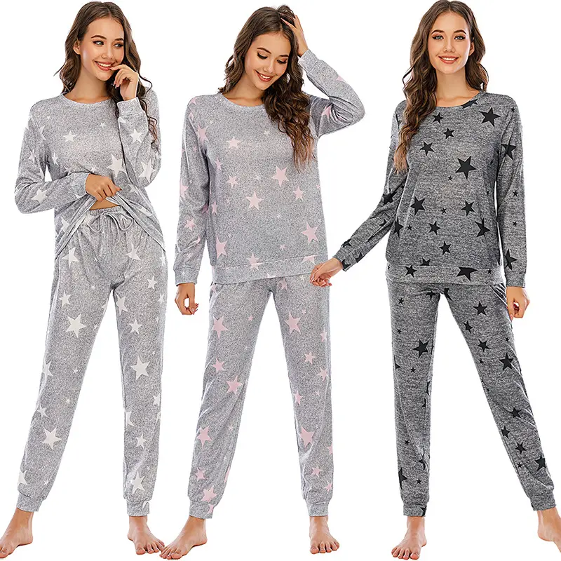 Großhandel benutzer definierte hochwertige Langarm Baumwolle pj Homewear Star Print Pyjama zweiteiligen Rundhals-Pyjama Frauen Set