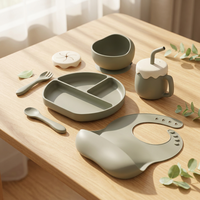 Ensemble repas 6-en-1 en silicone sûr pour enfants : assiette compartimentée, bavoir, gobelet, fourchette, cuillère et bol pour usage quotidien des nourrissons