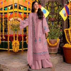 Salwar Kameez rose en coton brodé pour femme avec dupatta, tenue traditionnelle indienne et pakistanaise, coupe ample longue jusqu'au sol - Product Image 1