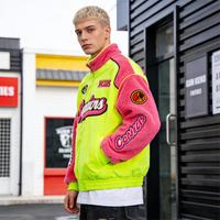 Veste de course en polaire sherpa jaune néon rose rétro pour homme, en laine personnalisée, avec broderie chenille, style bomber, fermeture éclair, personnalisable