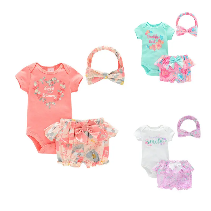 Payifang bé gái quần áo Bộ 0-12M Bow Headband cho bé gái thời trang mùa hè cotton ngắn dệt kim bé gái Romper