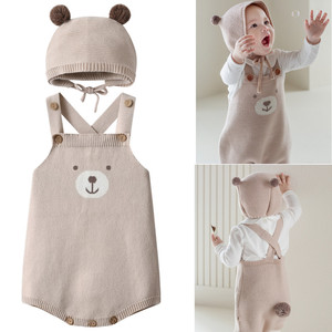 Ensemble barboteuse et bonnet en tricot 100% coton <span class=keywords><strong>original</strong></span> motif ourson, beige, avec bretelles croisées et bonnet pompon, tenue chaude d'hiver pour bébé et tout-petit - Product Image 1