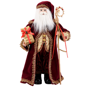 Grande figurine de Père Noël debout en velours bordeaux de style victorien royal pour décorations - Product Image 1