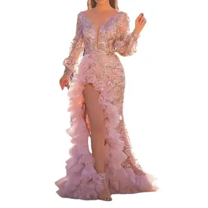 Fabricant chinois Robe de bal rose Robe à paillettes Robe de soirée à manches longues Robe à paillettes